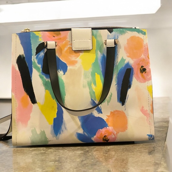 RARE Kate Spade Watercolor Abstract Floral Design 100% leather Tote Bag - Picture 13 of 16